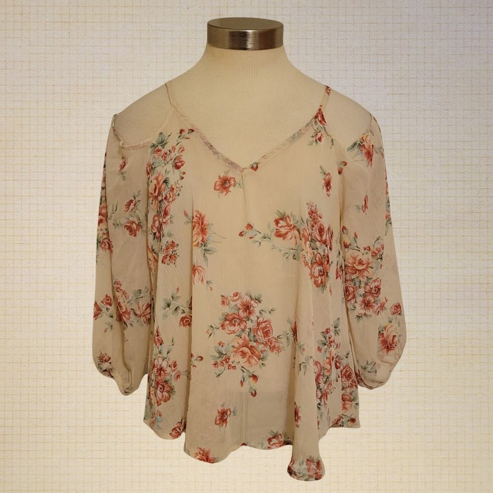 Lightweight Boho Sheer Floral Blouse Off Shoulder Spaghetti Strap Small